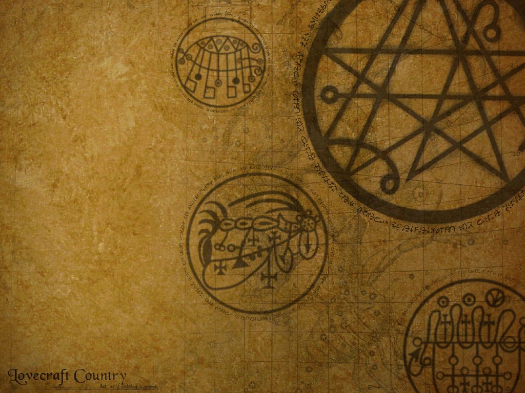 An artistic background featuring intricate symbols and designs, reminiscent of mystical elements, set against a textured, aged parchment backdrop.