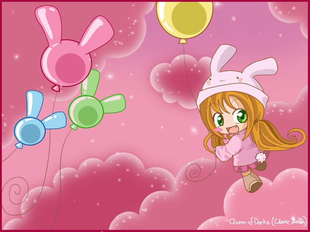 A joyful anime child with long hair wears a bunny hat, holding colorful balloons while playfully floating among fluffy pink clouds.