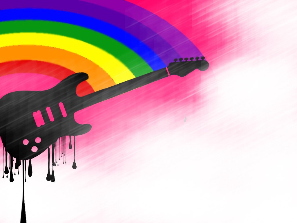A vibrant image features a black guitar dripping with paint, set against a colorful rainbow and a soft pink background, capturing the essence of music and creativity.