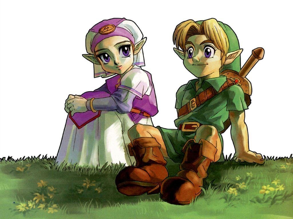 Young Link and Princess Zelda sit together on grass, featuring vibrant colors and a charming design from *The Legend of Zelda: Ocarina of Time*.
