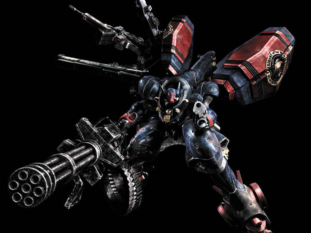 A detailed robot armed with heavy weaponry, prominently featured in the video game Metal Wolf Chaos, showcases a blend of sleek design and aggressive firepower against a dark background.