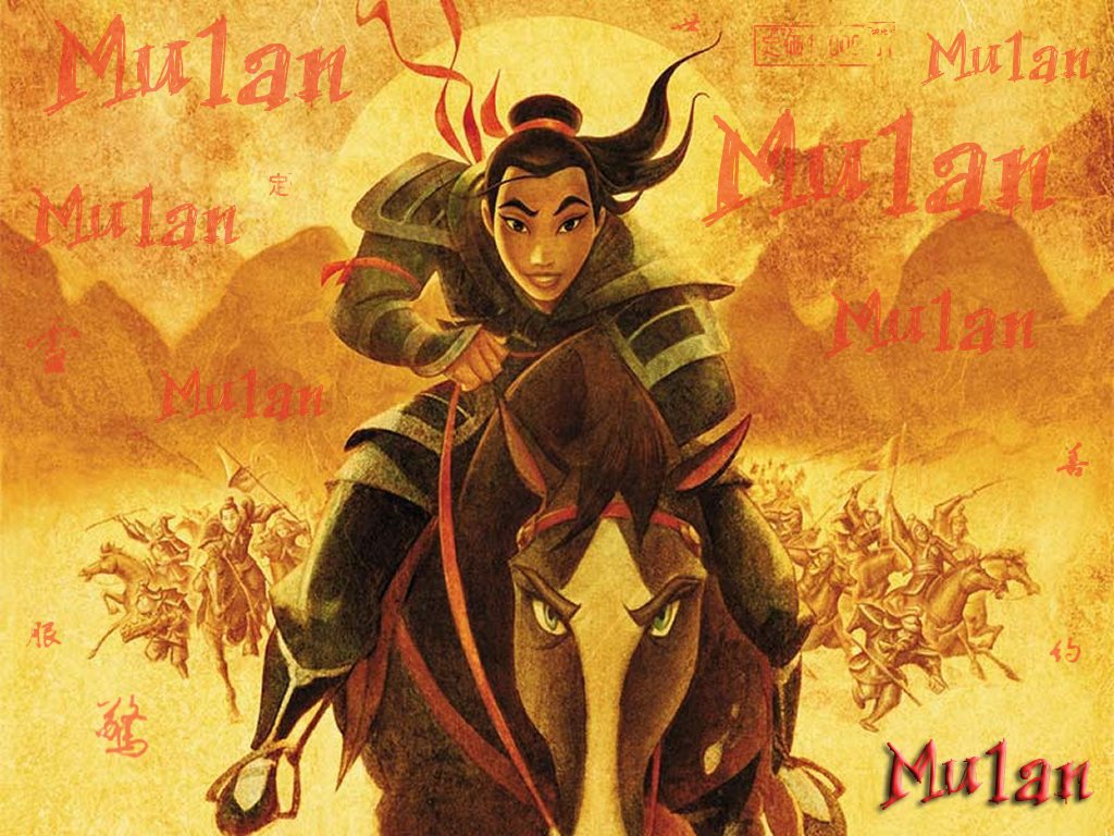 A dynamic scene from the movie Mulan (1998), featuring Mulan riding a horse, showcasing her determination against a backdrop of warriors and warm colors.