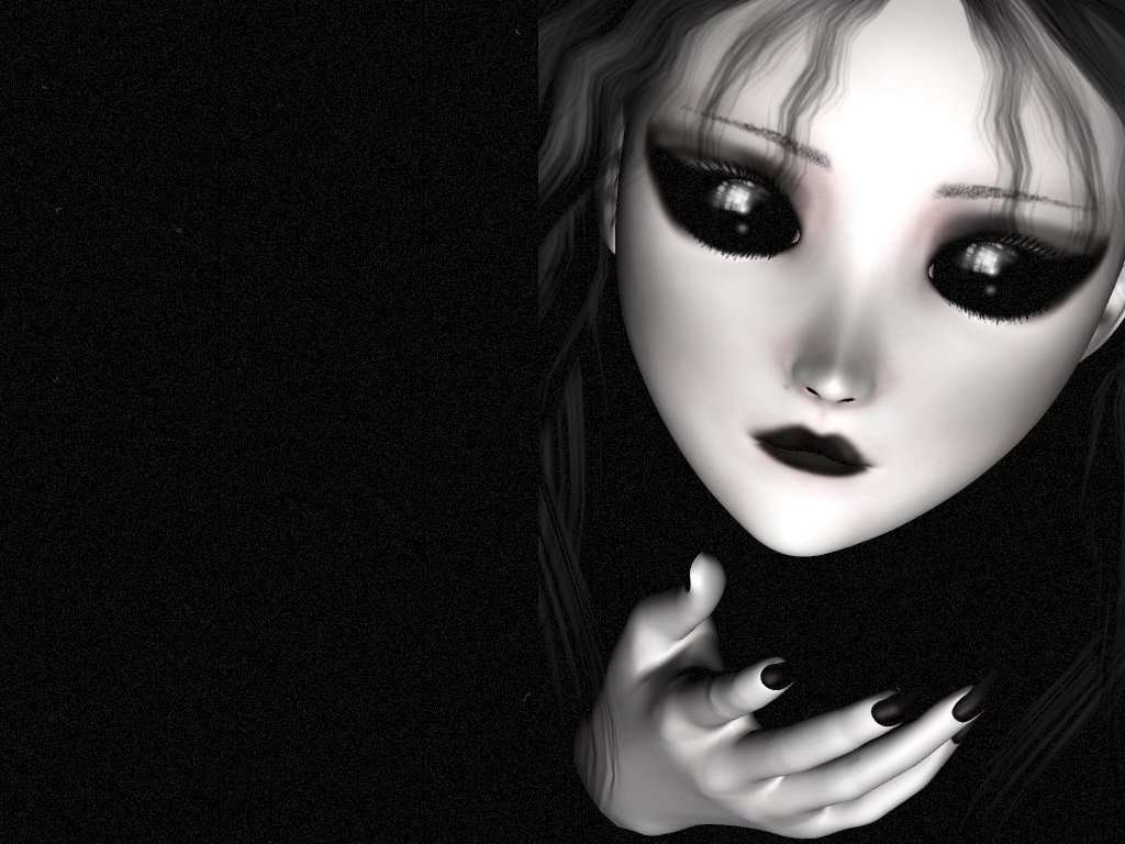 A dark gothic figure with pale skin and large, expressive eyes gazes pensively, contrasting sharply with the black background, evoking a haunting yet alluring atmosphere.