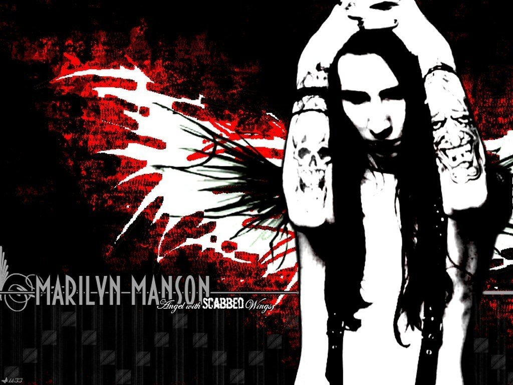 A striking black and red image of Marilyn Manson, embodying the heavy and industrial metal music scenes, features his iconic look and bold tattoos, emphasizing his artistic persona.