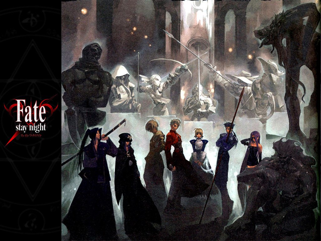A dramatic scene from Fate/stay night featuring iconic characters like Berserker, Rider, Lancer, Gilgamesh, Caster, Assassin, Archer, and Saber amidst a shadowy backdrop.