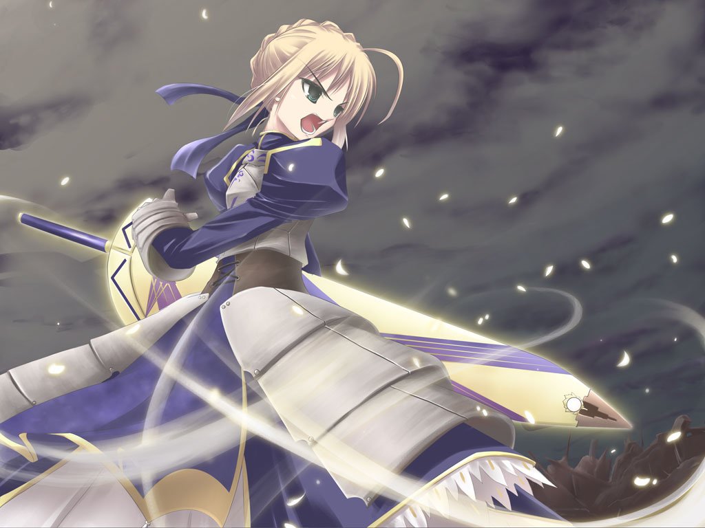 Saber from the Fate Series stands confidently with her sword drawn, radiating strength and determination amidst a dynamic, swirling background. An iconic moment from Fate/Stay Night.
