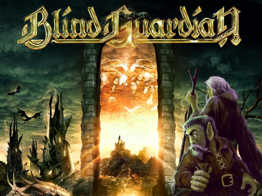 A fantastical landscape featuring a mystical archway, with creatures and ethereal imagery, representing the music and themes of Blind Guardian.