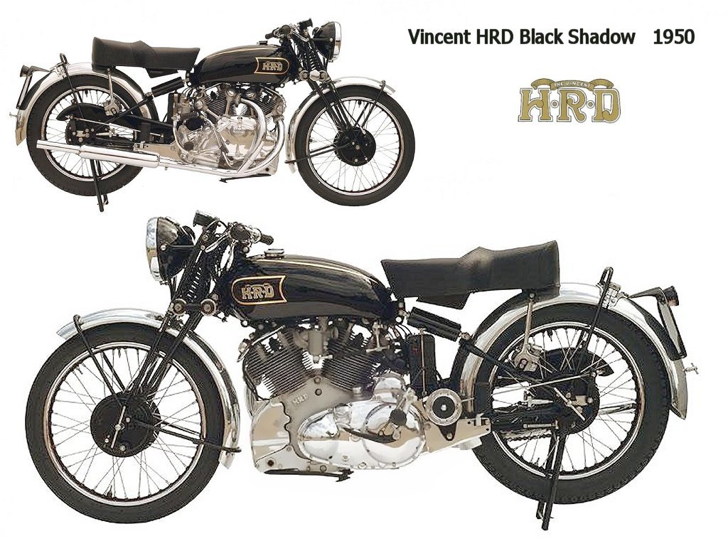 1950 Vincent HRD Black Shadow motorcycle shown from side and angled views, highlighting its classic design and vintage details.