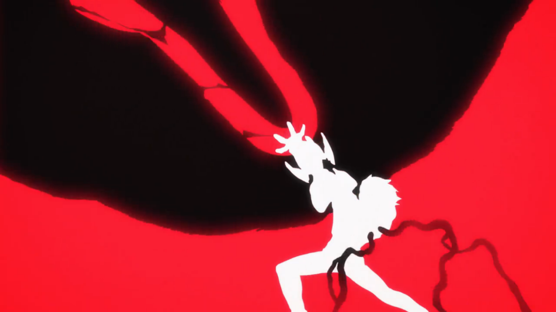 Silhouetted character from One-Punch Man unleashing a powerful red energy blast against a dark and red background in an intense anime action scene.