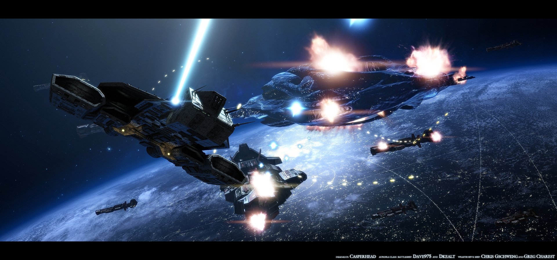 A dynamic space battle scene from the TV show Stargate Atlantis, featuring multiple starships engaged in combat above a distant planet, with bright explosions illuminating the dark expanse.