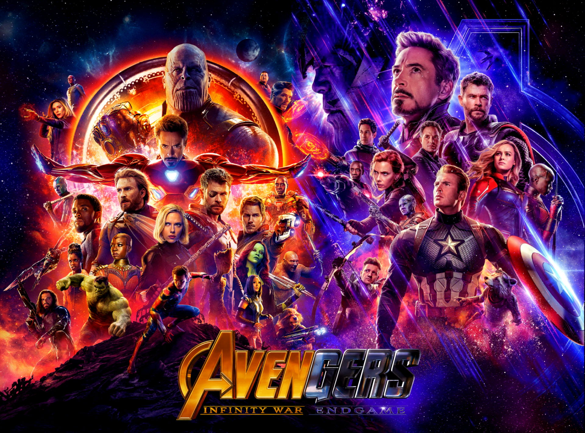 Movie poster for Avengers: Endgame — a dramatic collage of Marvel heroes (Iron Man, Captain America, Thor, Hulk, Black Widow) and Thanos against a cosmic, fiery battlefield.
