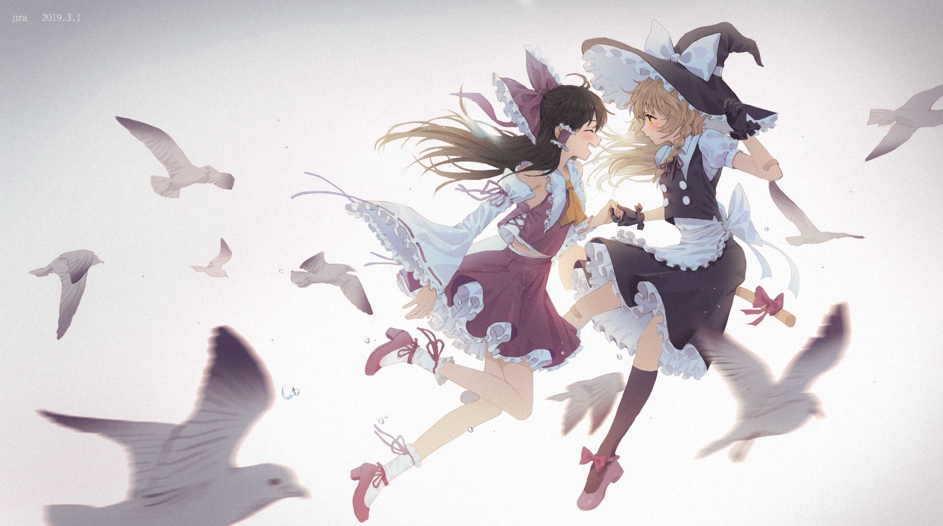 Marisa Kirisame and Reimu Hakurei from Touhou float hand‑in‑hand among gliding seagulls, bathed in soft light; Marisa's witch hat and Reimu's shrine‑maiden dress with red ribbon visible.
