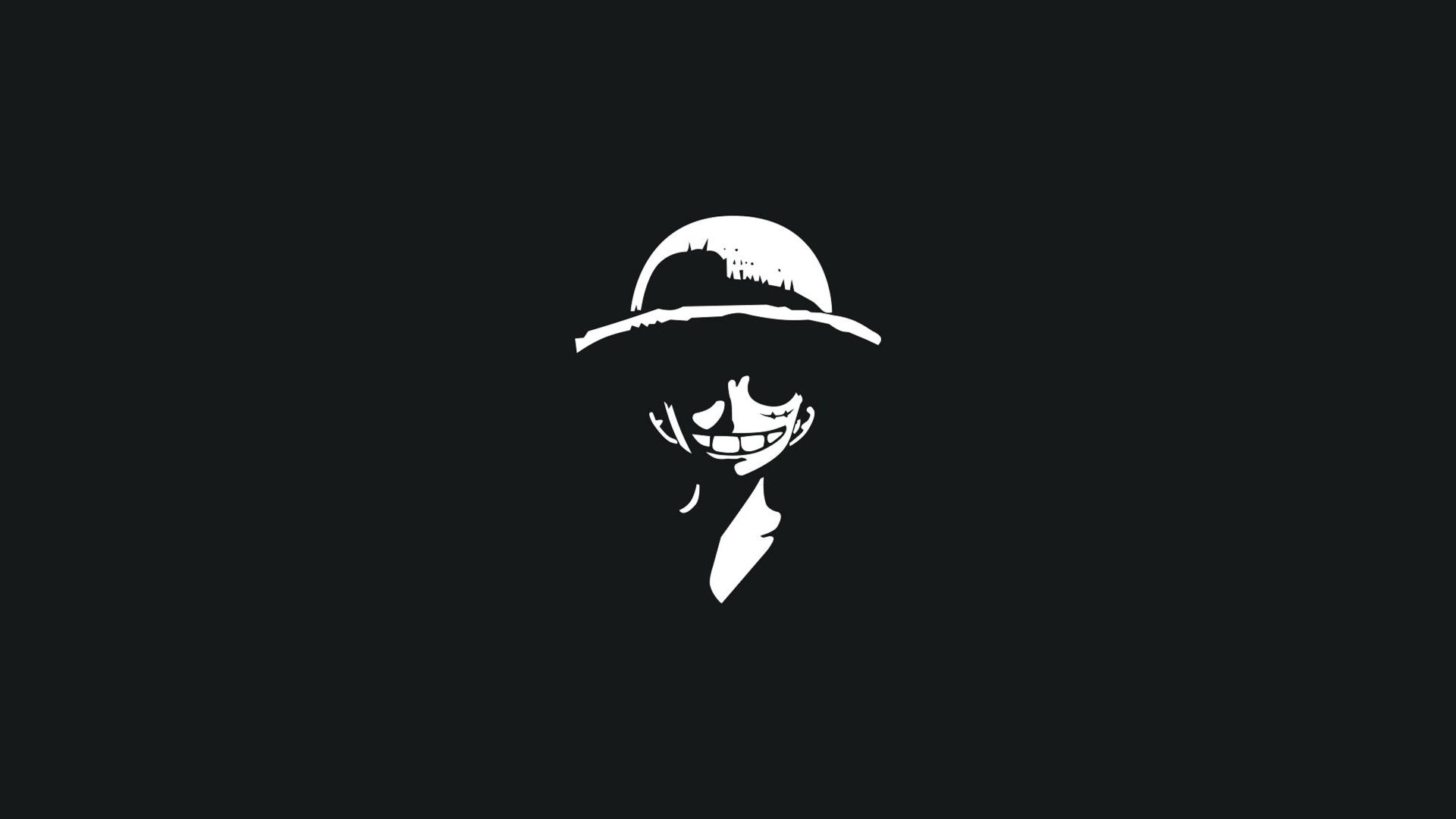 Black background with a white minimalist silhouette of Monkey D. Luffy (One Piece), his straw hat and mischievous grin visible.