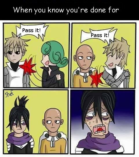 Anime meme featuring One-Punch Man characters desperately trying to pass a fiery object, highlighting moments of defeat and exhaustion in a humorous style.