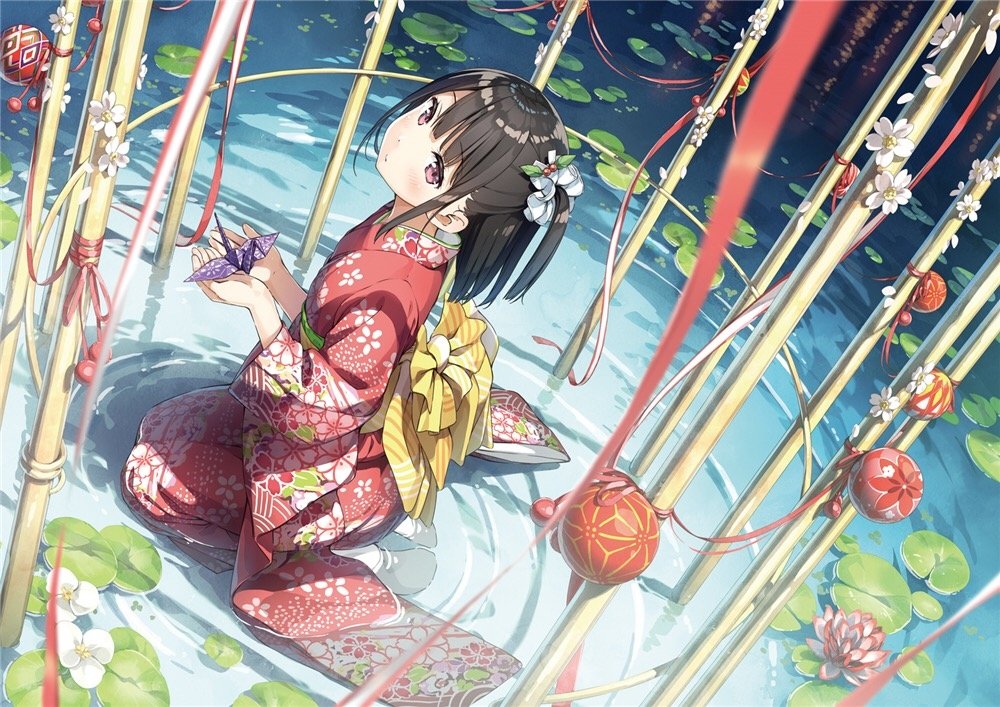 Anime girl in a red kimono kneeling in shallow water among tall bamboo stalks and lotus pads, holding a small origami crane, with a yellow obi and floral hair ornaments, gazing upward.