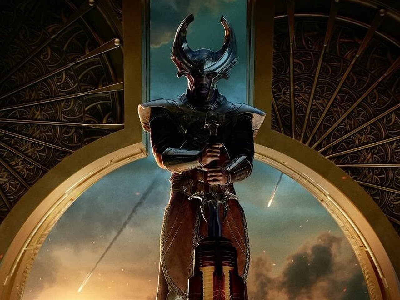 A menacing armored figure with a horned helmet stands holding a large sword, set against a dramatic backdrop from the movie Thor: The Dark World.