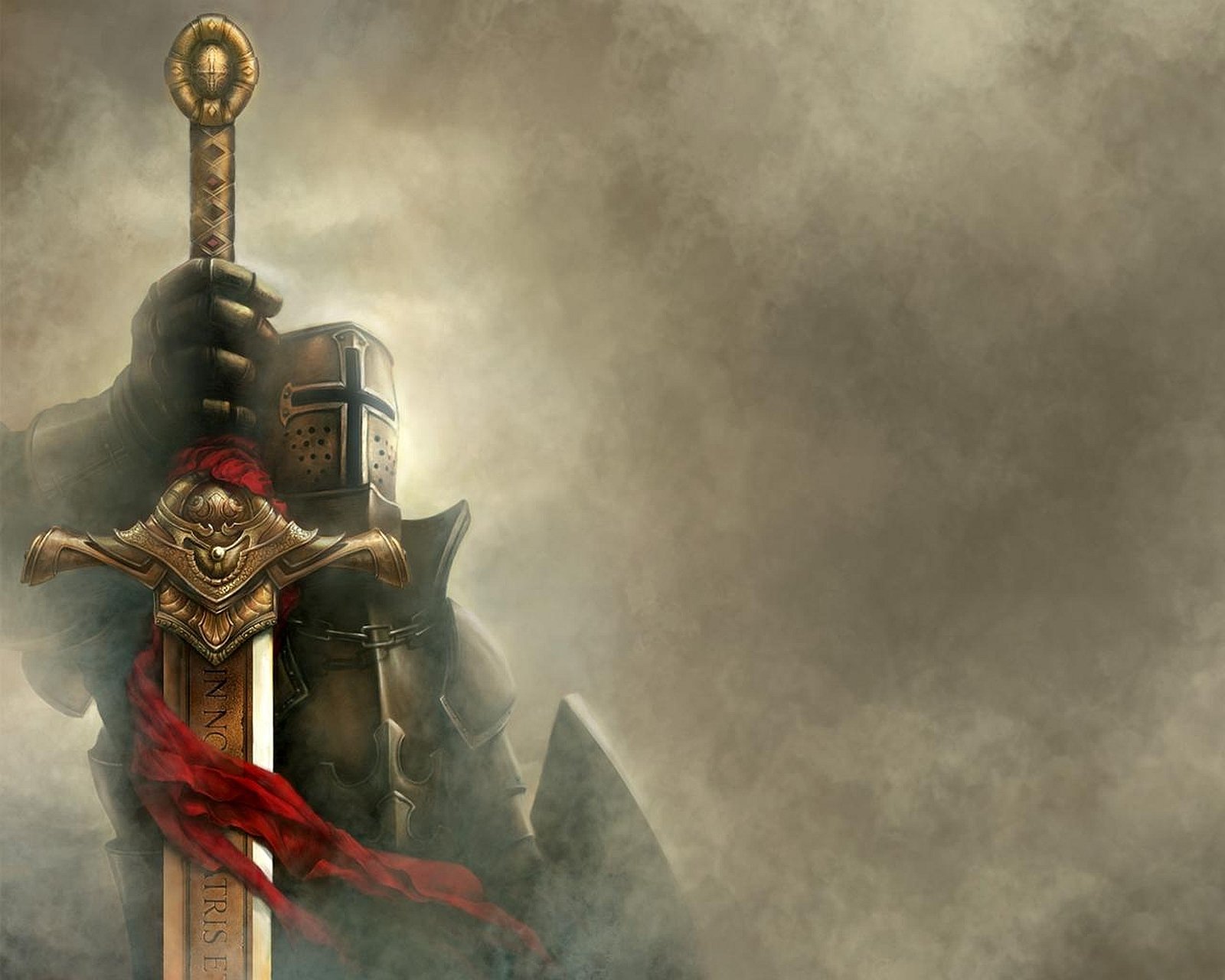Armored crusader grips an ornate sword wrapped in red cloth against a smoky backdrop — promotional art for the video game Crusaders: Thy Kingdom Come.