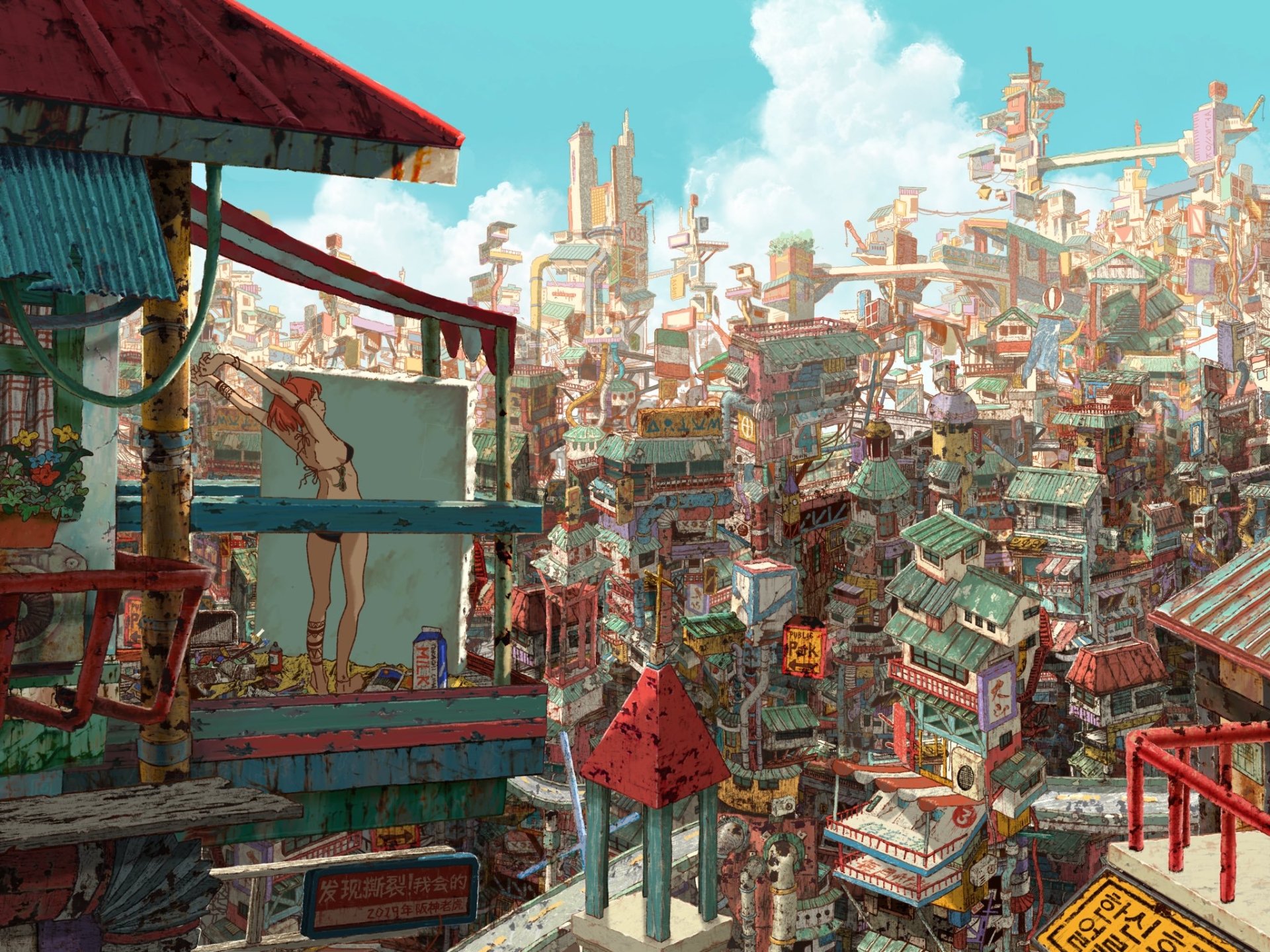 Vast steampunk cityscape with sci-fi towers, crowded rooftops, pipes and brass machinery; a figure leans on a balcony overlooking labyrinthine alleys under a bright sky.