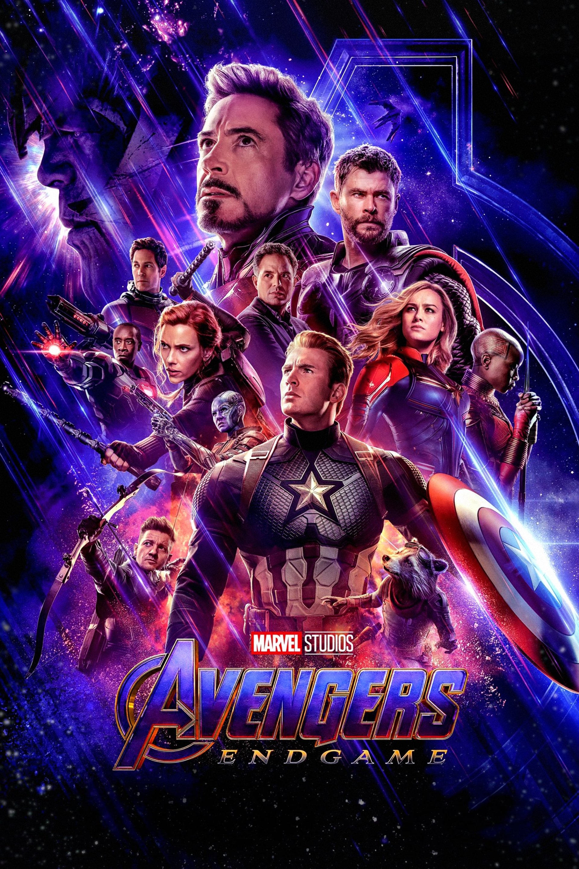 A vibrant poster for Avengers: Endgame, featuring the main characters in action poses, set against a cosmic background with iconic symbol elements.
