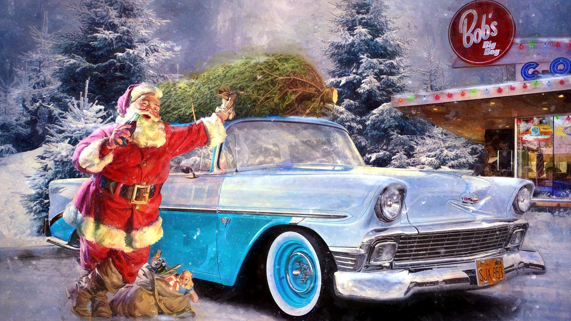 Santa with Vintage Car - Image Abyss