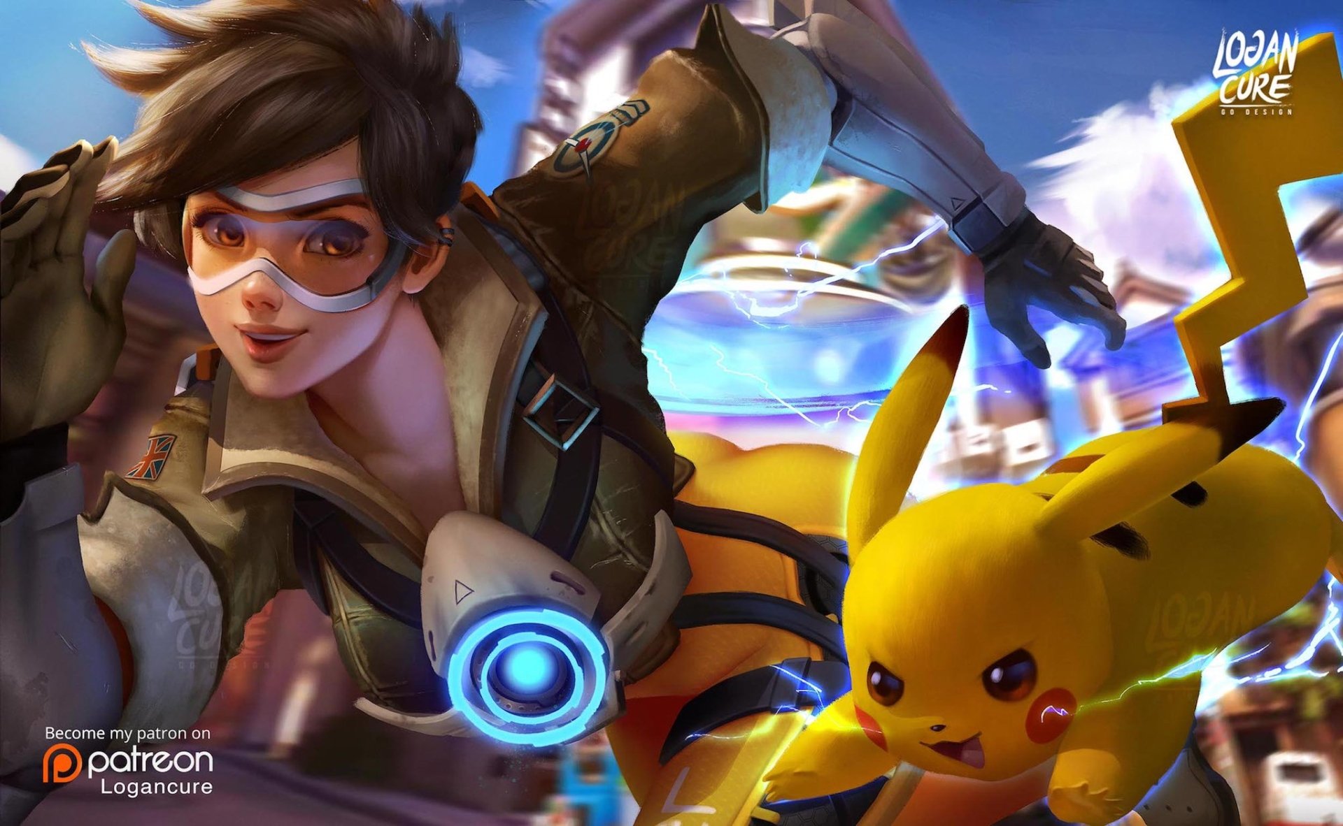 Tracer from Overwatch and Pikachu from Pokémon team up in an action-packed video game crossover scene.