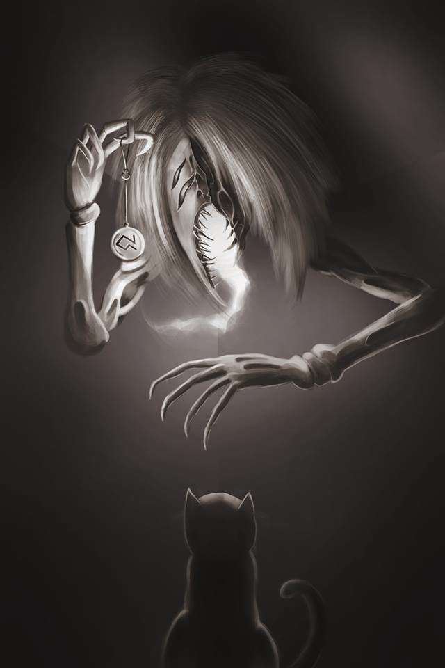 A dark creature with long claws and shaggy hair holds a glowing pendant above a seated cat silhouetted in shadow.