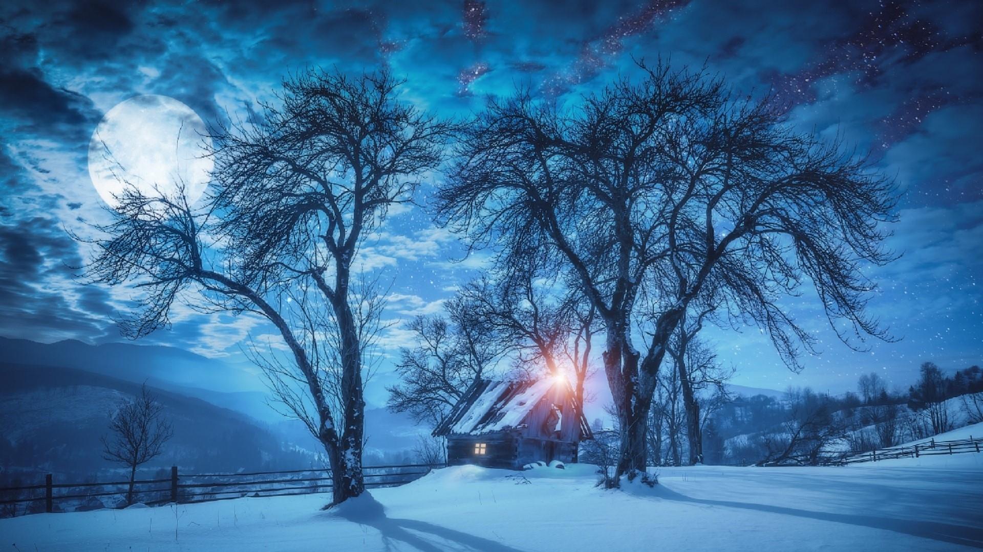 Winter Cabin under a Full.Moon