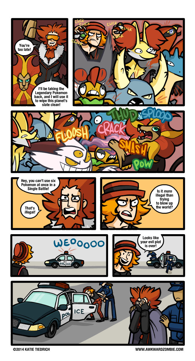 Comic strip from Pokémon X and Y featuring a battle scene with legendary Pokémon, a confrontation over battle rules, and the arrest of the antagonist by police.