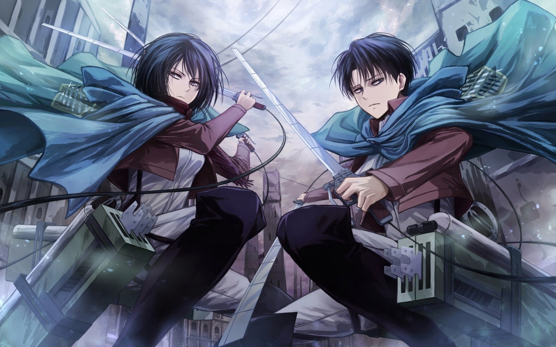 Mikasa Ackerman and Levi Ackerman from Attack on Titan stand ready with swords drawn, cloaked in blue capes against a cloudy, ruined city backdrop in anime style.