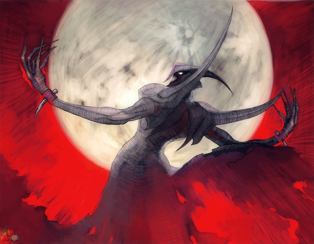 A dark figure with elongated limbs stands against a large moon, surrounded by a red backdrop. The scene captures the essence of *Makai Kingdom: Chronicles of the Sacred*.