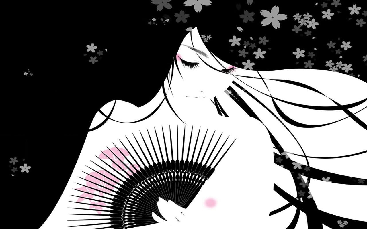 A woman gracefully holds a fan, enveloped in flowing hair and surrounded by delicate flowers. The artistic design features a striking contrast of black and white.