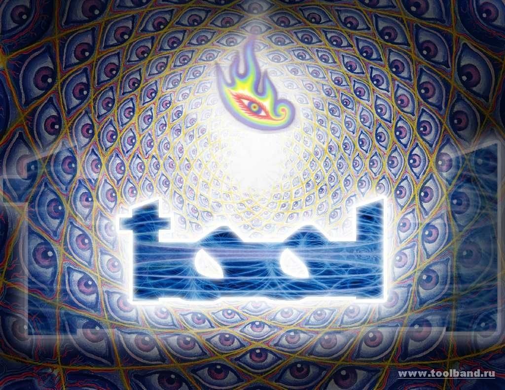 A vibrant, psychedelic design featuring Tool's logo at the center, surrounded by a swirling pattern of eyes and a flame, embodying the band's distinctive music and artistic style.