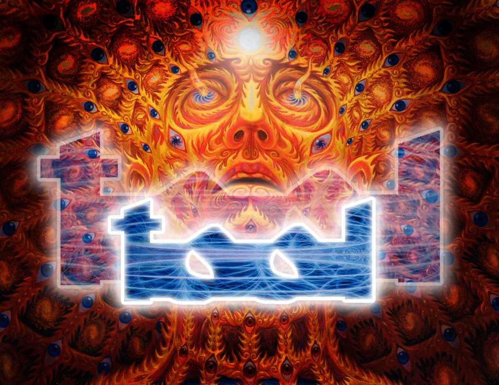 A vibrant, psychedelic design features the word Tool prominently, surrounded by intricate patterns and a mystical face, reflecting the band's unique musical style.