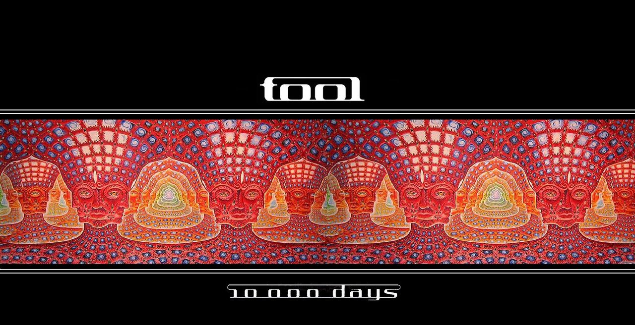 Album cover for 10,000 Days by Tool, featuring vibrant, abstract art with faces and geometric shapes against a black background, capturing the band's unique visual style in music.