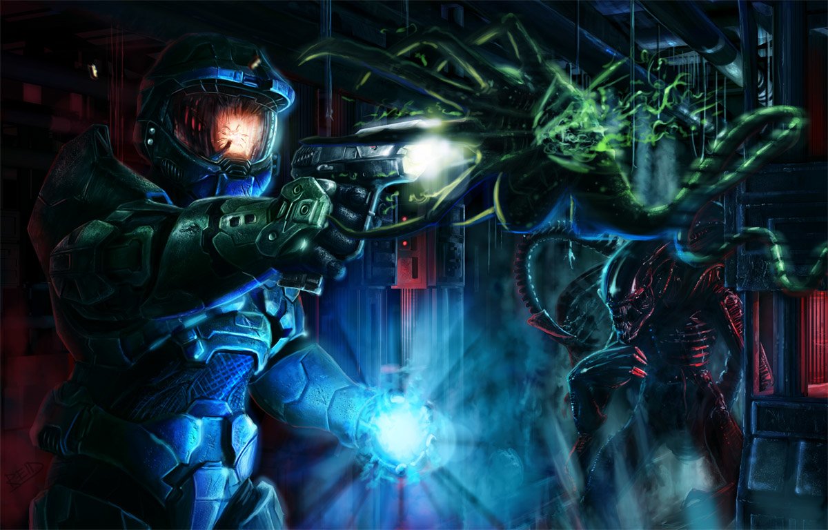 Master Chief battles an alien adversary in a dark, industrial setting, showcasing intense action from the Halo video game series. Bright gunfire contrasts with a shadowy background.