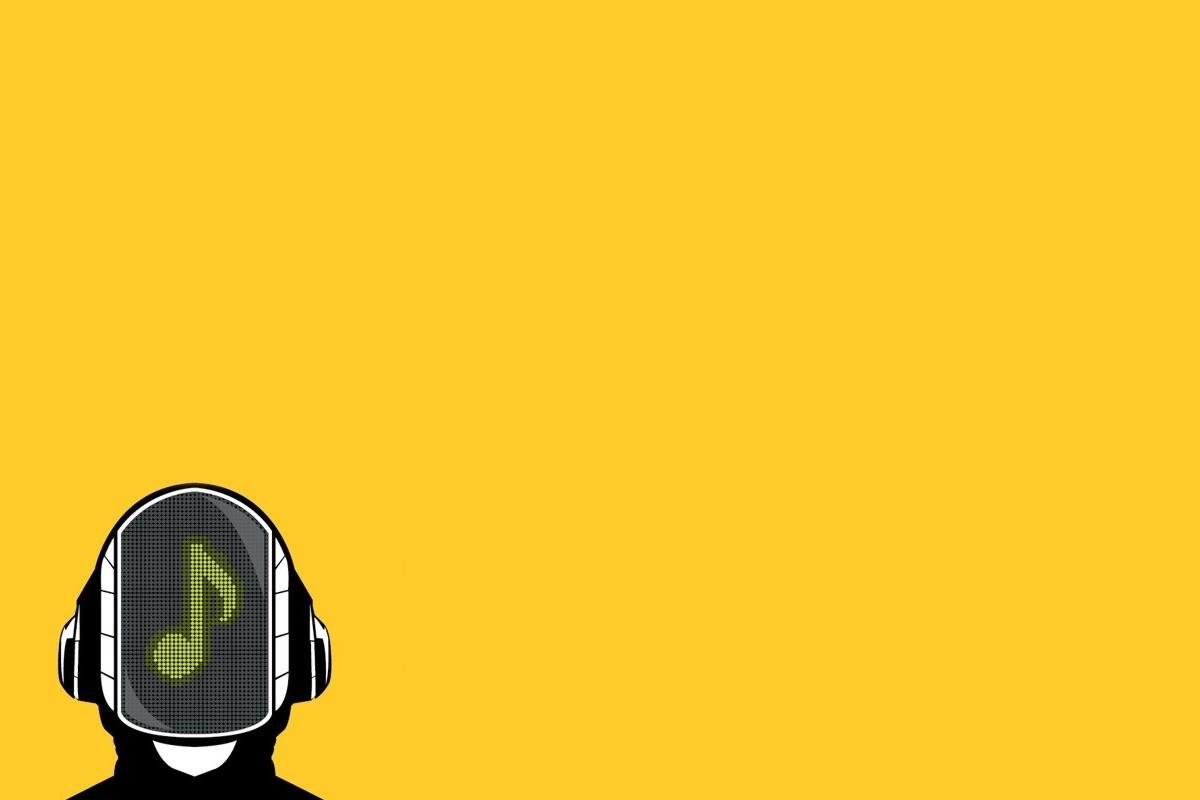 A vibrant yellow background features a silhouette of a figure with a helmet displaying a musical note, representing the iconic style of Daft Punk in music.