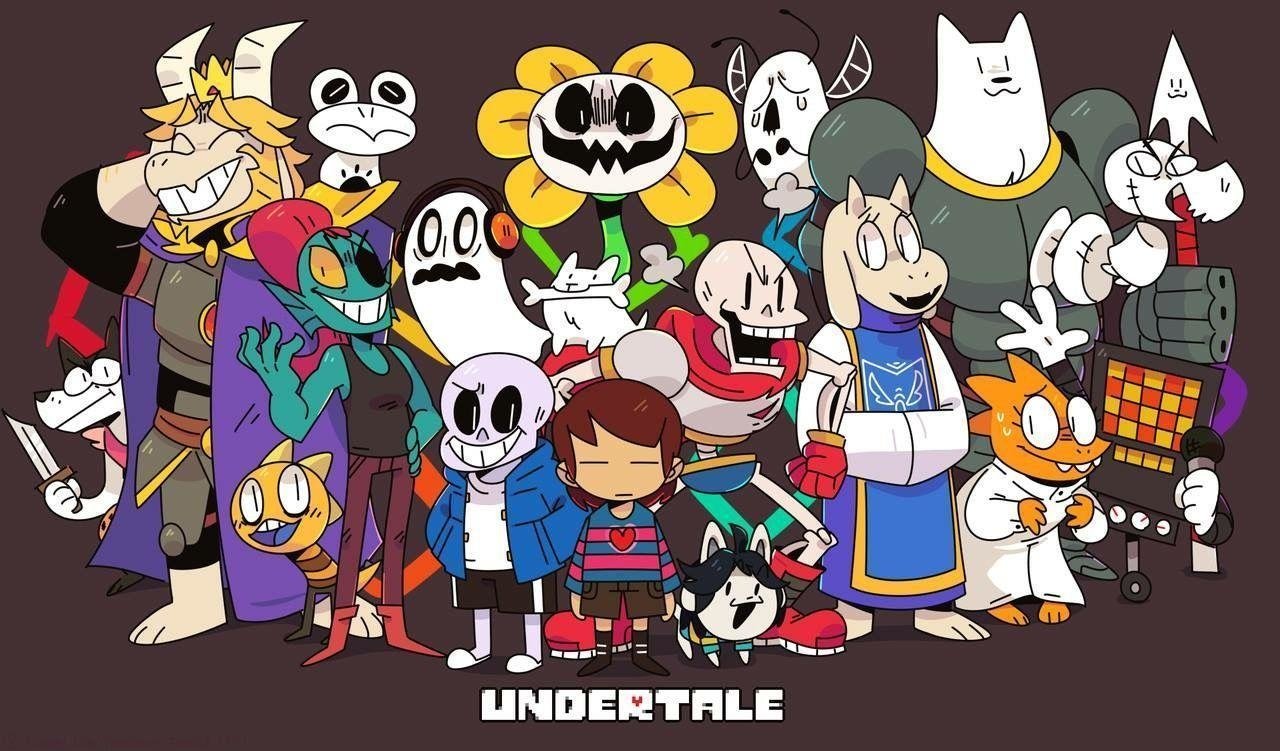 Group portrait of characters from the video game Undertale: the human protagonist stands surrounded by monsters including Sans, Papyrus, Toriel, Flowey and other iconic cast members.