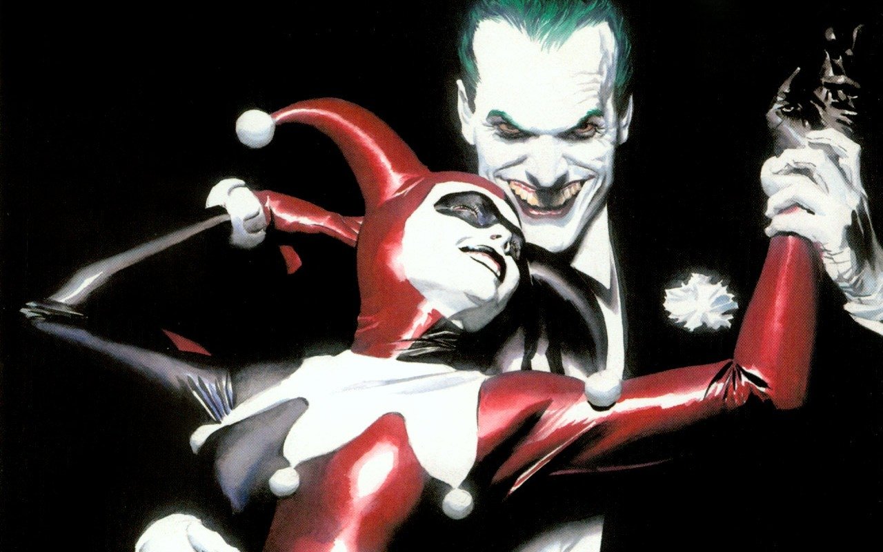 Harley Quinn playfully poses with the Joker, showcasing their iconic partnership in this striking DC Comics illustration, reflecting their chaotic relationship in the Batman universe.