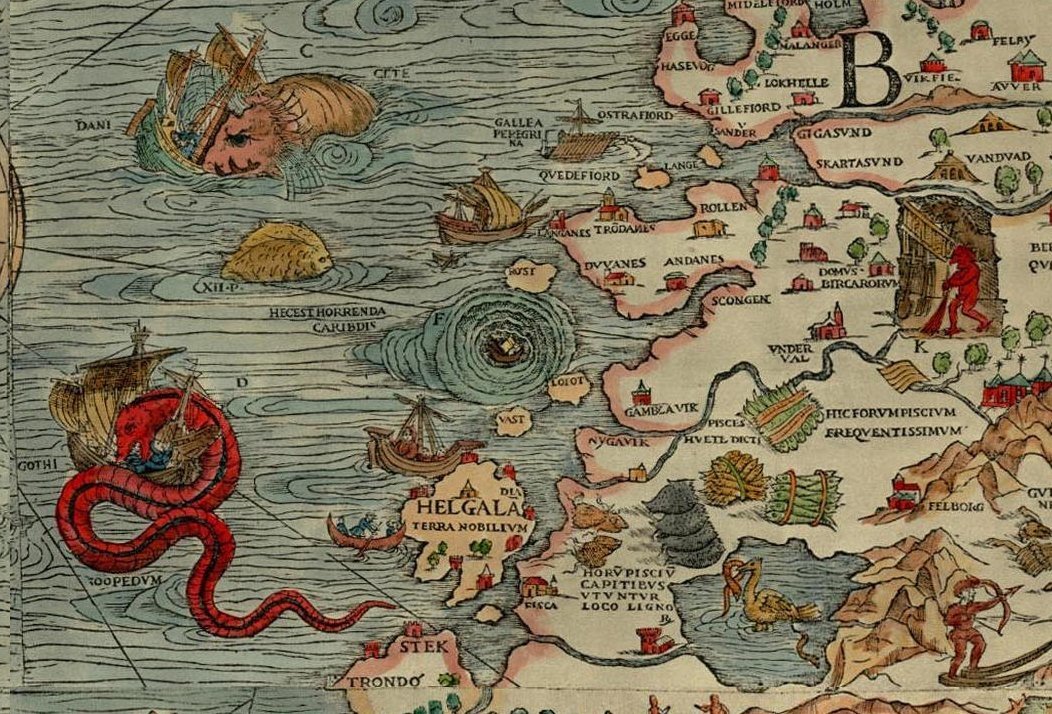 A historic map featuring fantastical sea creatures, ships, and numerous coastal landmarks, illustrating a blend of geography and mythology.