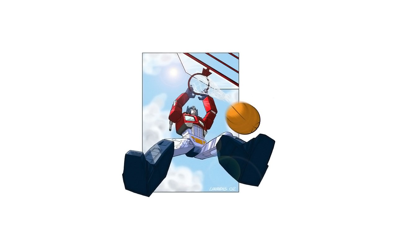 A Transformers-themed comic panel features a character humorously dunking a basketball, framed by a bright blue sky and playful clouds.