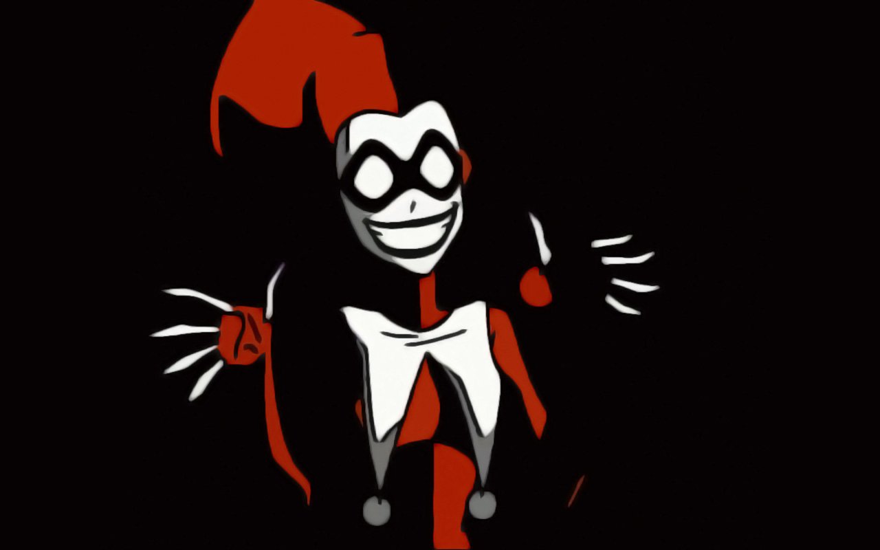 A bold illustration of Harley Quinn, featuring her iconic jester hat and mischievous smile against a black background, showcasing her playful and chaotic character from the comic world.
