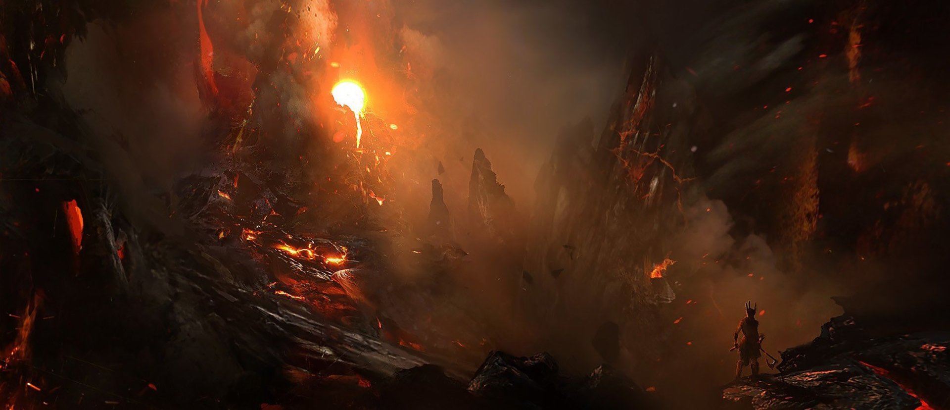 Dark fantasy landscape: ash-choked valley of molten spires and ember storms, a lone figure amid smoldering ruins beneath a blood-red sky.