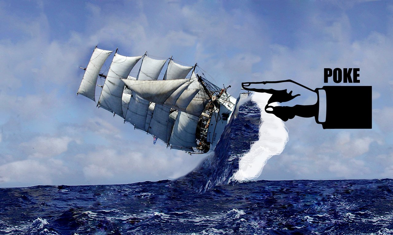 A whimsical image featuring a ship seemingly poked by a giant finger, creating a humorous scene amidst the ocean waves. The sky is bright, adding to the lighthearted vibe.