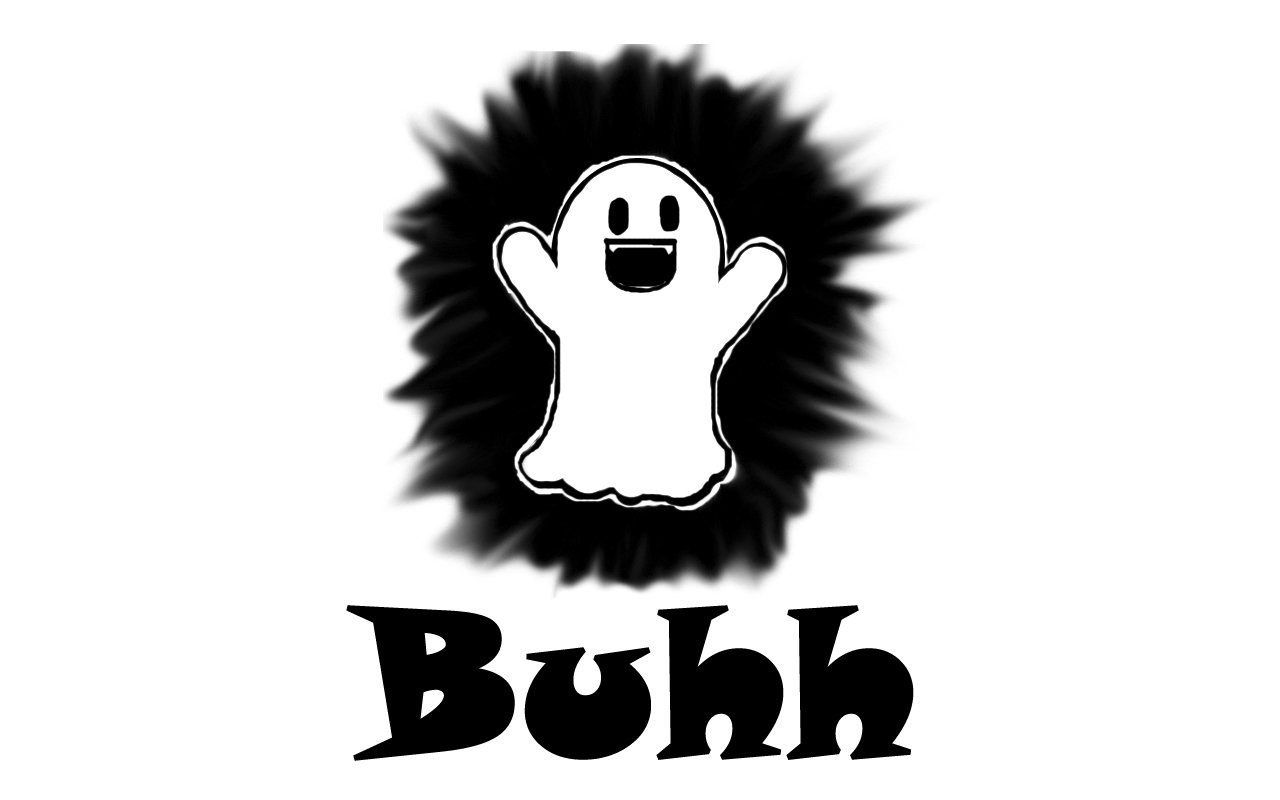 A funny cartoon ghost with a happy expression, surrounded by a black jagged aura, above the word Buhh in bold, playful font.