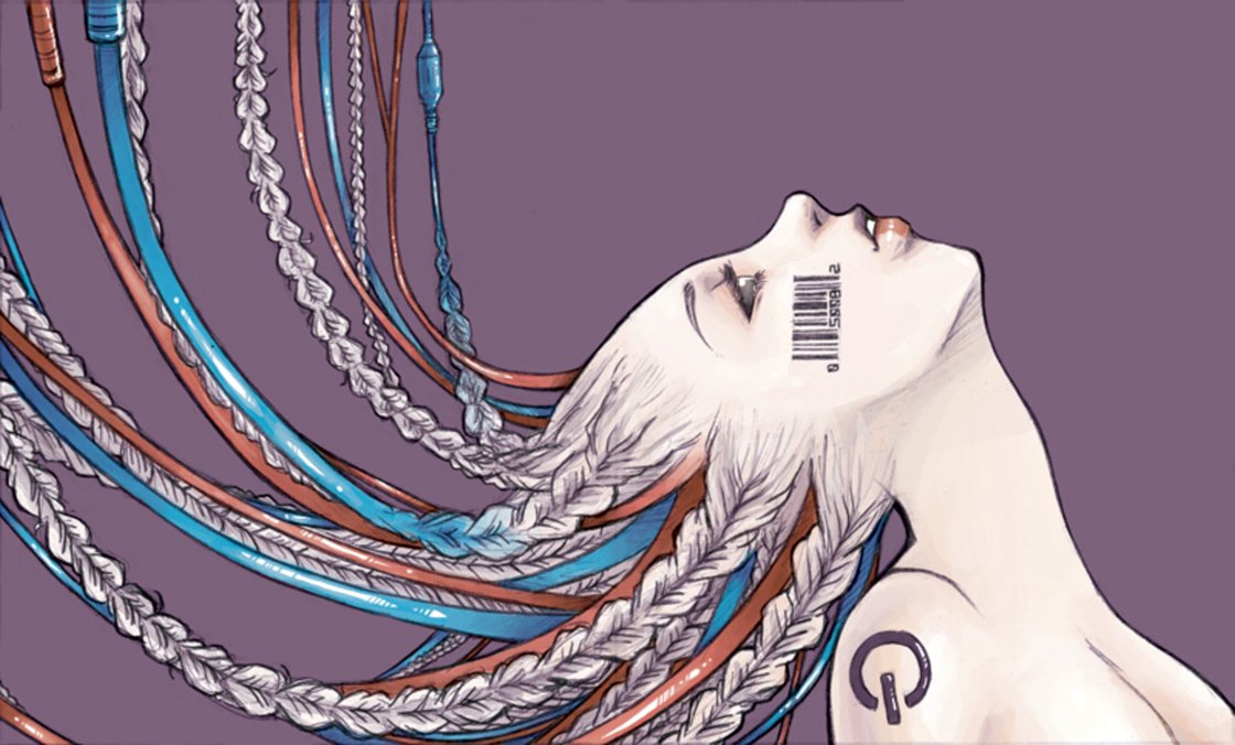 A futuristic cyborg with braided hair merges human and machine elements, featuring vibrant cables and a barcode, set against a muted purple background.