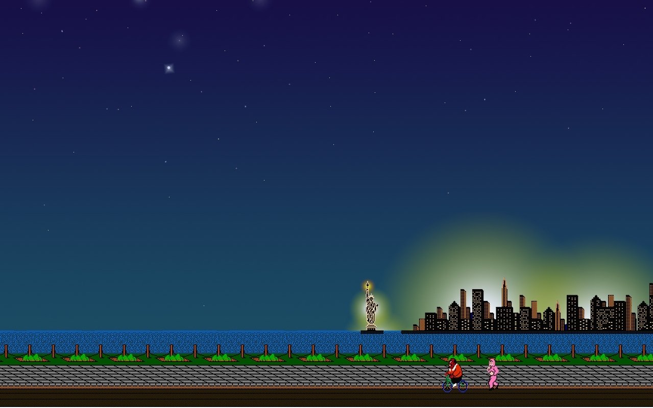 Pixelated scene from Mike Tyson's Punch-Out!! featuring a nighttime New York skyline with the Statue of Liberty and characters ready to fight in the foreground.