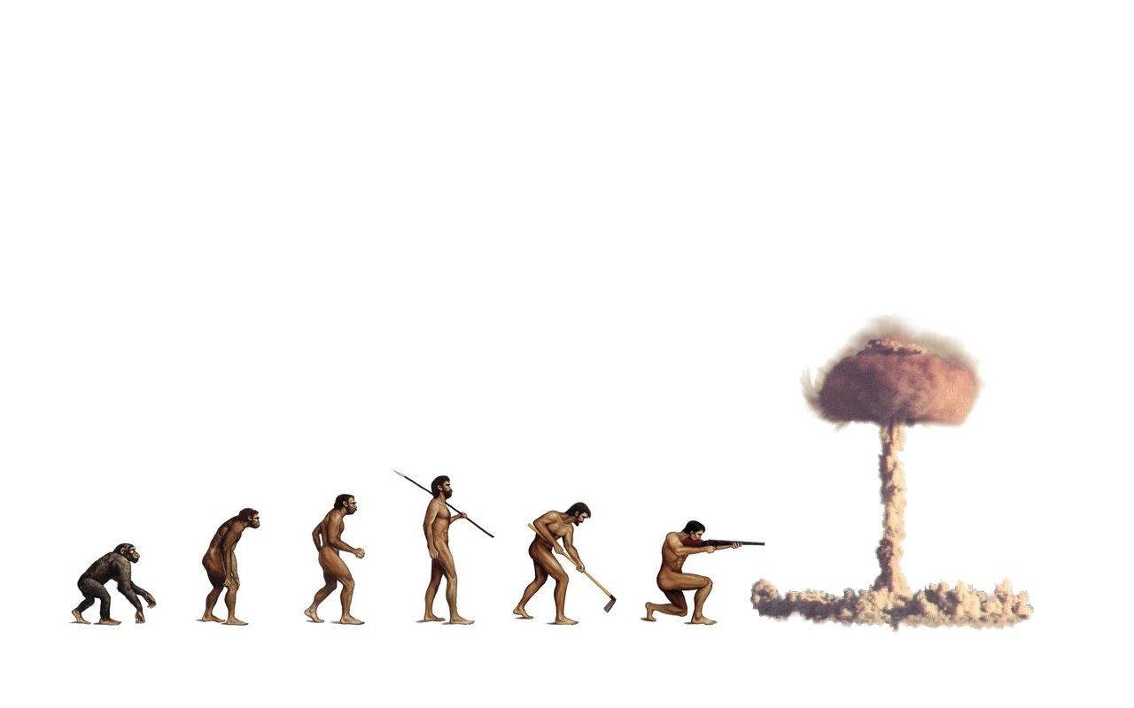 A visual progression of evolution from a monkey to modern humans, culminating in a nuclear explosion, symbolizes the journey of humanity and the destructive potential of advancement.