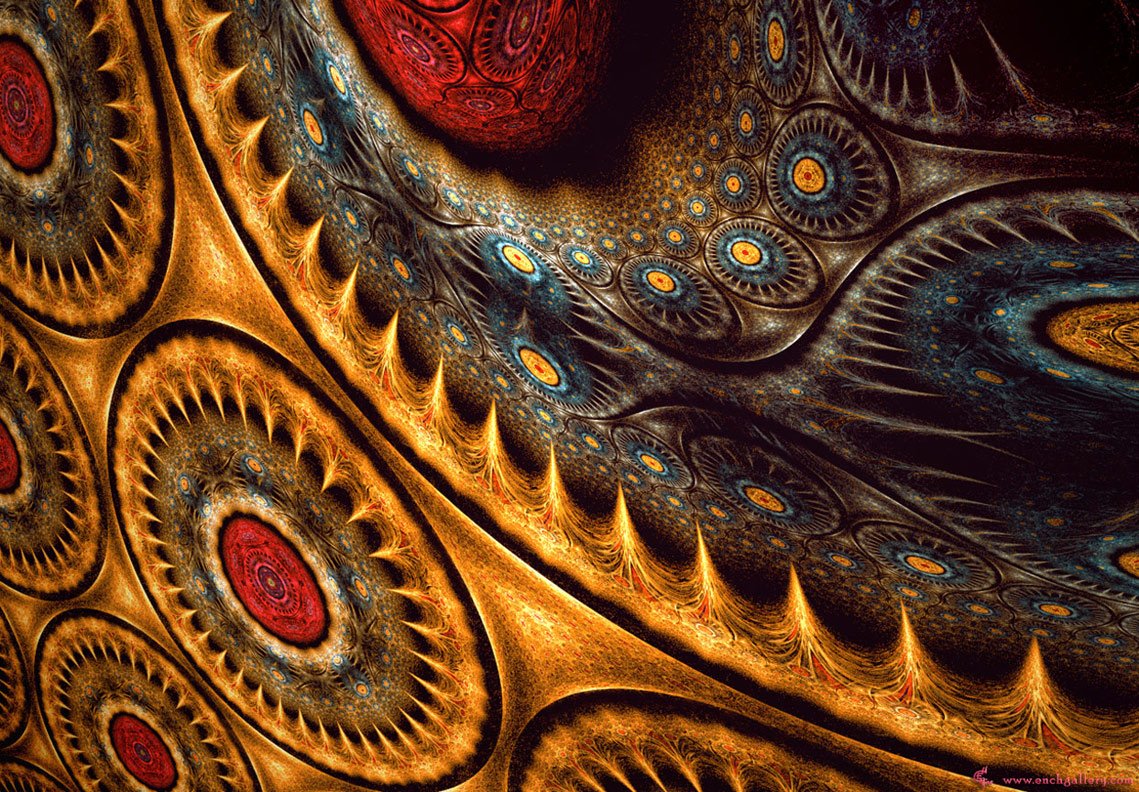An artistic pattern features intricate designs with vibrant colors, including deep reds, oranges, and blues, creating a dynamic and captivating visual composition.