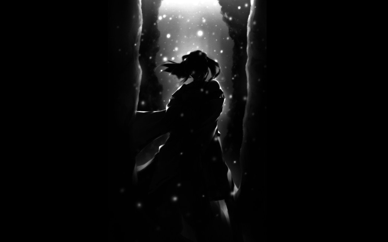 A striking black and white silhouette of an anime character, surrounded by a snowy atmosphere, evoking a sense of mystery and depth in an original artwork.