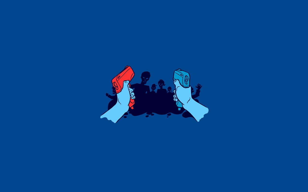 Minimalist illustration inspired by The House of the Dead video game, featuring two hands holding red and blue light guns aimed at approaching zombies.